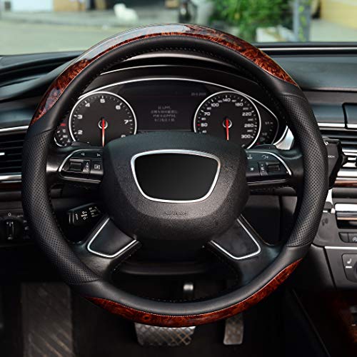 KAFEEK Wood Grain Steering Wheel Cover, Universal 15 inch, Microfiber Leather,Anti-Slip, Odorless