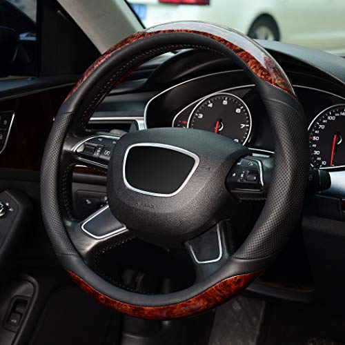 KAFEEK Wood Grain Steering Wheel Cover, Universal 15 inch, Microfiber Leather,Anti-Slip, Odorless