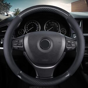 kafeek classic carbon fiber steering wheel cover, universal 15 inch, breathable microfiber leather, black