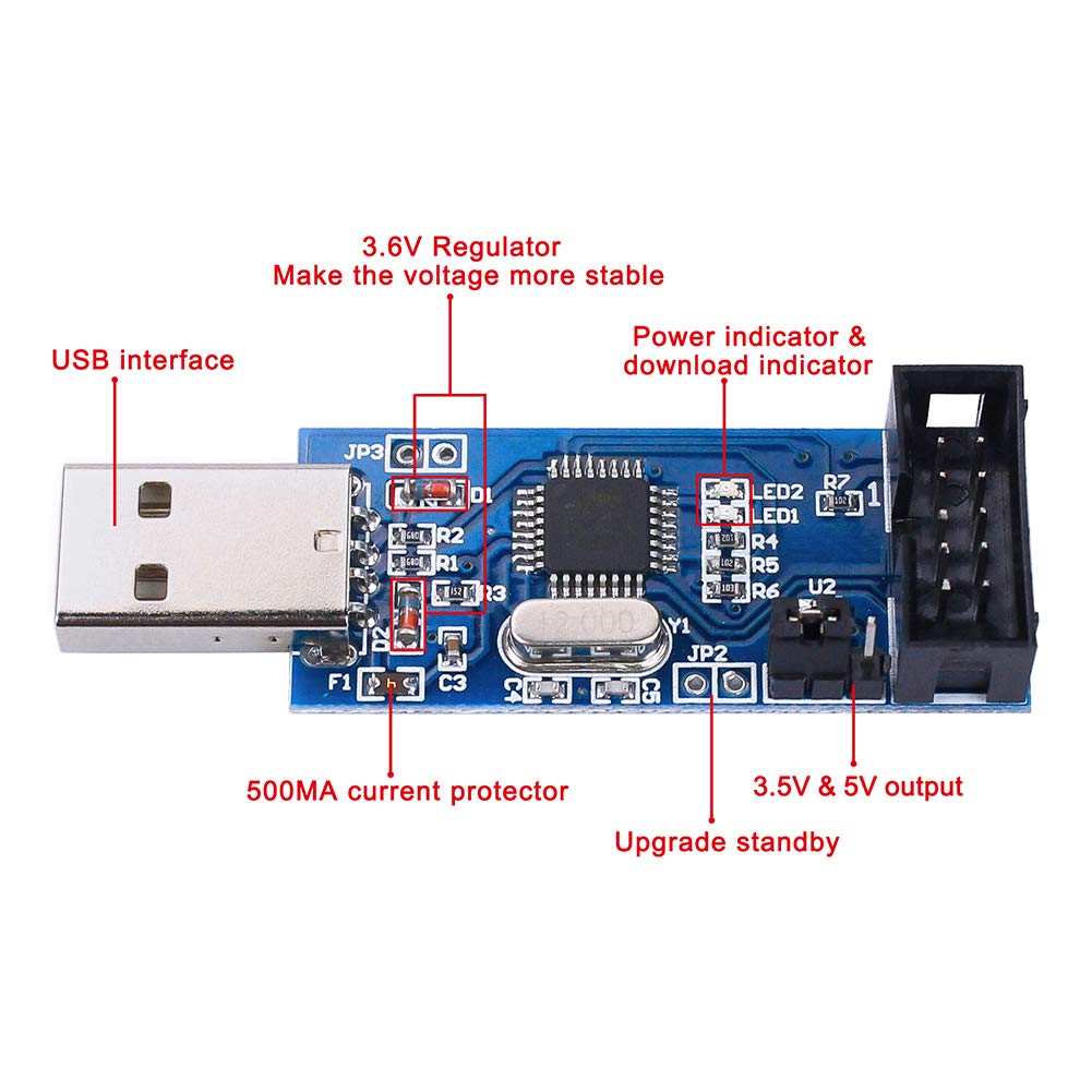 KeeYees 2pcs Downloader Programmer for USBASP for ISP with Cable and 10Pin to 6Pin Adapter Board for 51 for AVR Series Microcontroller