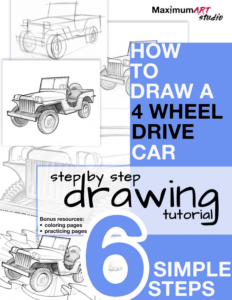 how to draw a 4 wheel drive car. step by step drawing tutorial. 6 simple steps.