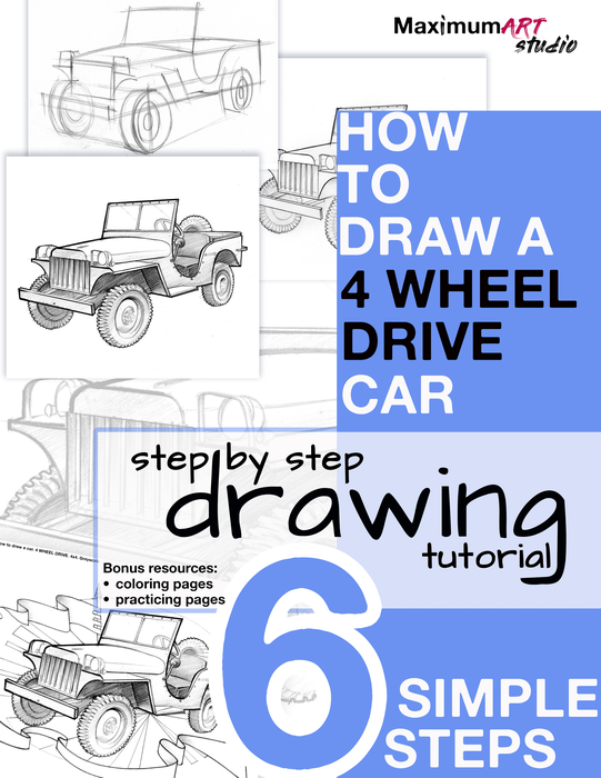 How to draw a 4 wheel drive car. Step by step drawing tutorial. 6 simple steps.