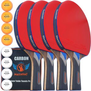 maxmvmt ping pong paddle set of 4 - carbon fiber 7 ply rackets - 2 wristbands - 8 balls - 1 rubber cleaner sponge - premium ittf approved rubber - complete 4 player table tennis setup - carry case