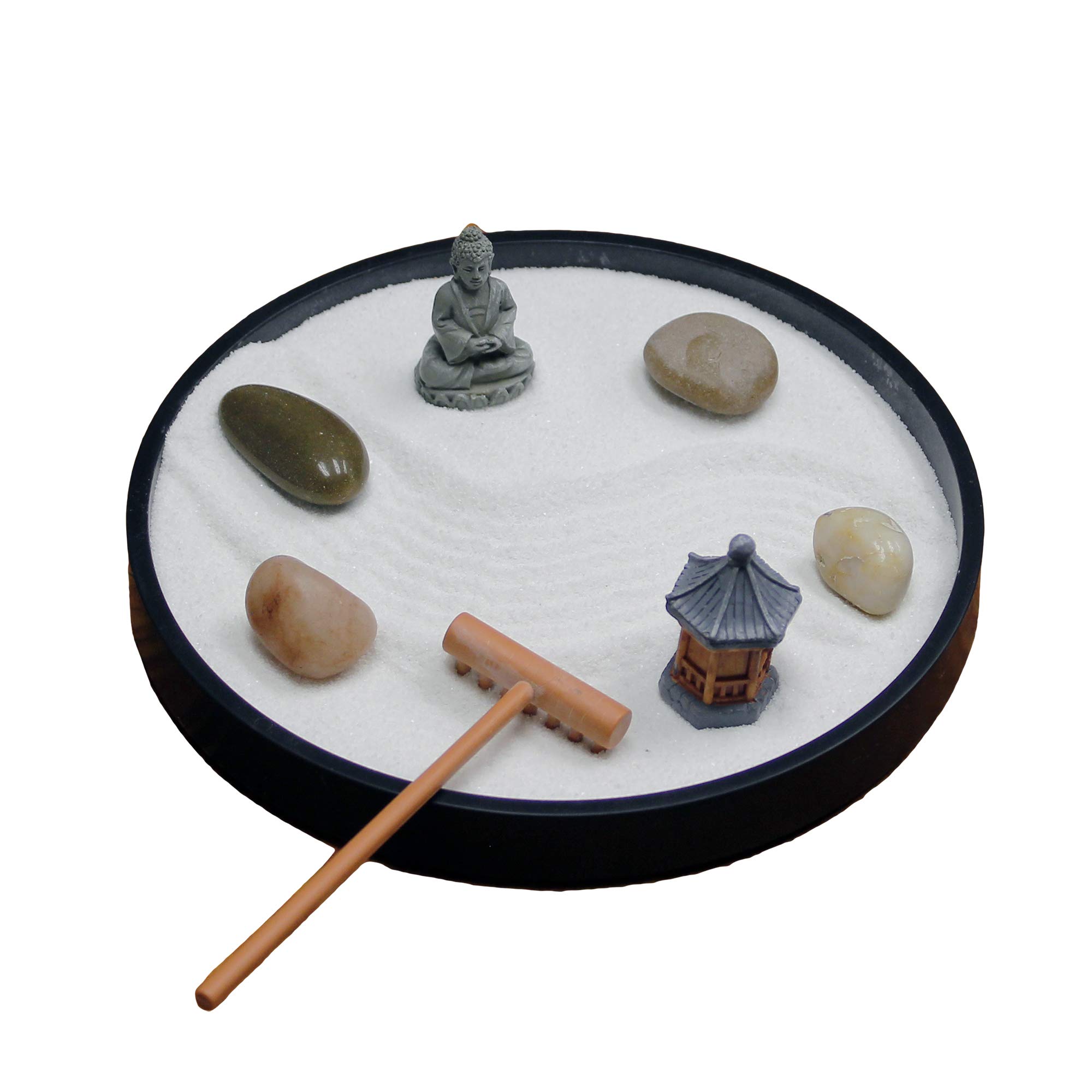 Nature's Mark Mini Zen Garden Kit for Desk with Rake, White Sand, Black Round Base, Miniature Pagoda Figure, River Rocks and Miniature Buddha Figure (6Lx6W Round B)