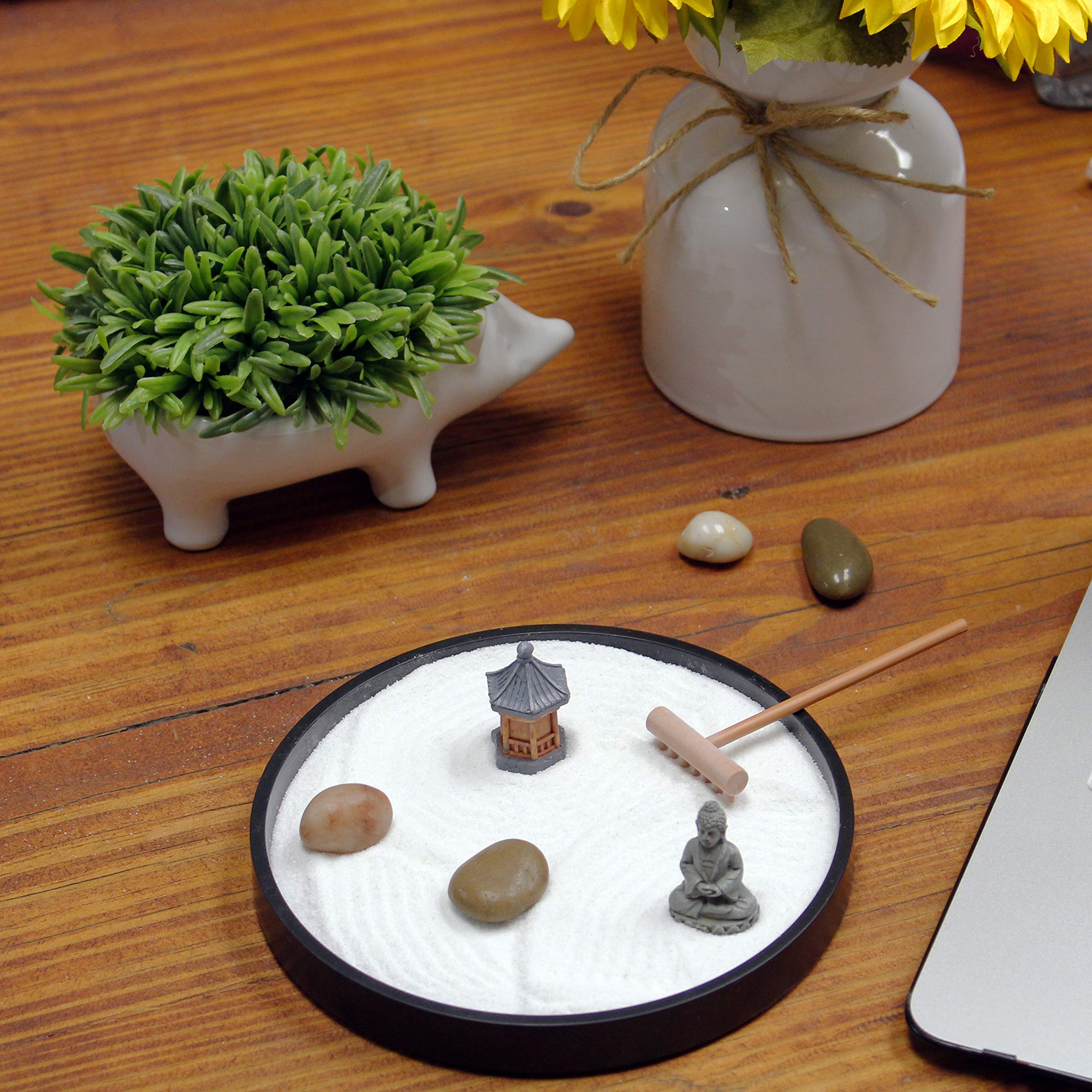 Nature's Mark Mini Zen Garden Kit for Desk with Rake, White Sand, Black Round Base, Miniature Pagoda Figure, River Rocks and Miniature Buddha Figure (6Lx6W Round B)