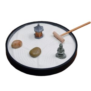 Nature's Mark Mini Zen Garden Kit for Desk with Rake, White Sand, Black Round Base, Miniature Pagoda Figure, River Rocks and Miniature Buddha Figure (6Lx6W Round B)