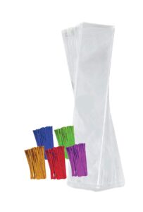 purple q crafts clear plastic cellophane bags with 4" colored twist ties for gifts party favors (2"x10" 100 pack)