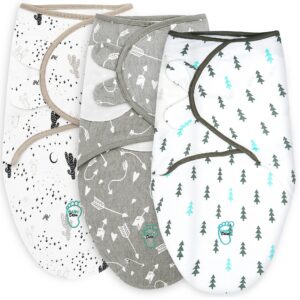 Baby Swaddle Blanket Wrap for Newborn & Infant, 0-3 Months 100% Breathable Cotton Swaddlers Sleep Sack with Adjustable Wings, 3 Pack Swaddling Blankets for Boys and Girls (Cactus)