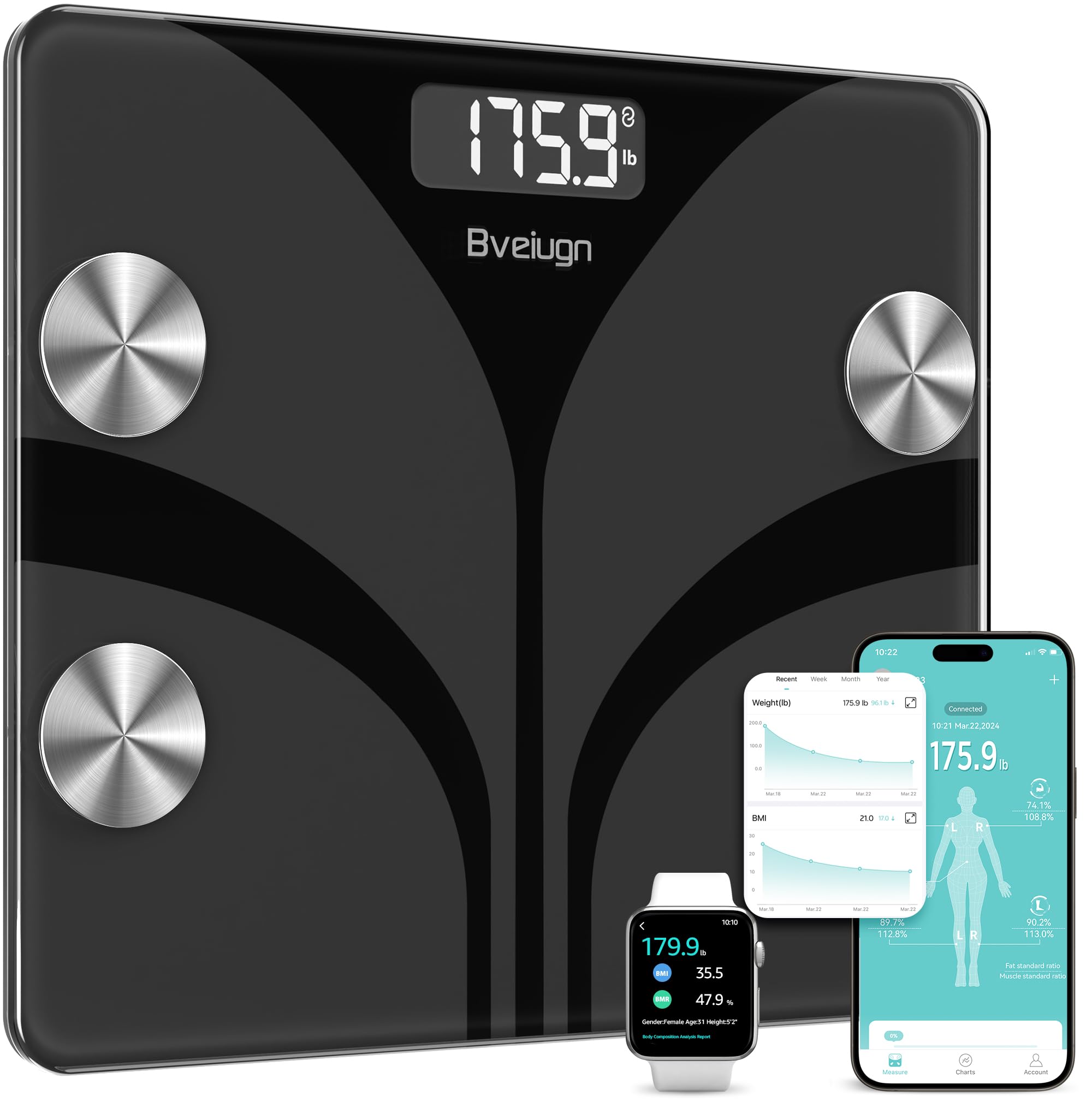 Scale for Body Weight, Bveiugn Digital Bathroom Smart Scale LED Display, 13 Body Composition Analyzer Sync Weight Scale BMI Health Monitor Sync Apps 400lbs - Black