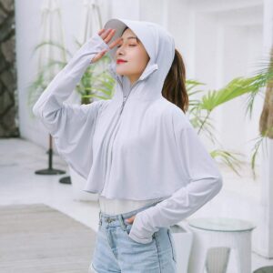 Anpox Women Hooded Sun Protection Shirt Summer Sunscreen Clothes Cycling Driving Anti UV (Gray, One Size)