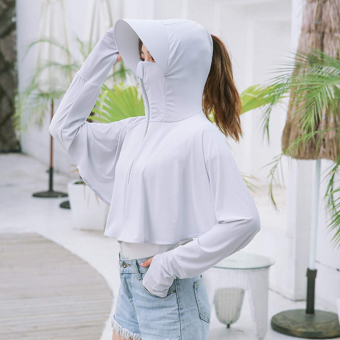 Anpox Women Hooded Sun Protection Shirt Summer Sunscreen Clothes Cycling Driving Anti UV (Gray, One Size)