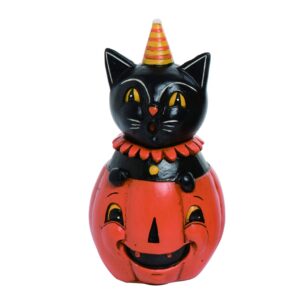 one holiday way 6-inch vintage decorative halloween black cat character figurine sitting in pumpkin decoration - retro spooky tabletop, shelf, mantel figure - party, office or home decor