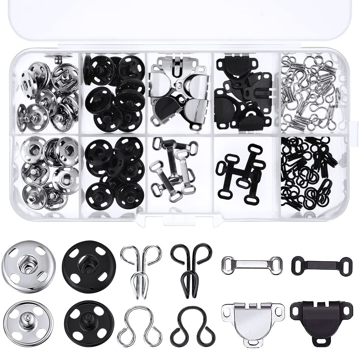 Beautychen 50 Pair Snaps for Sewing 3 Styles Hook and Eye Latch for Clothing Sewing Fixing Tools with Metal Sewing Buttons Fasteners Press Studs for Skirt Dress Bra Sewing DIY Crafting, 2 Colors (50)