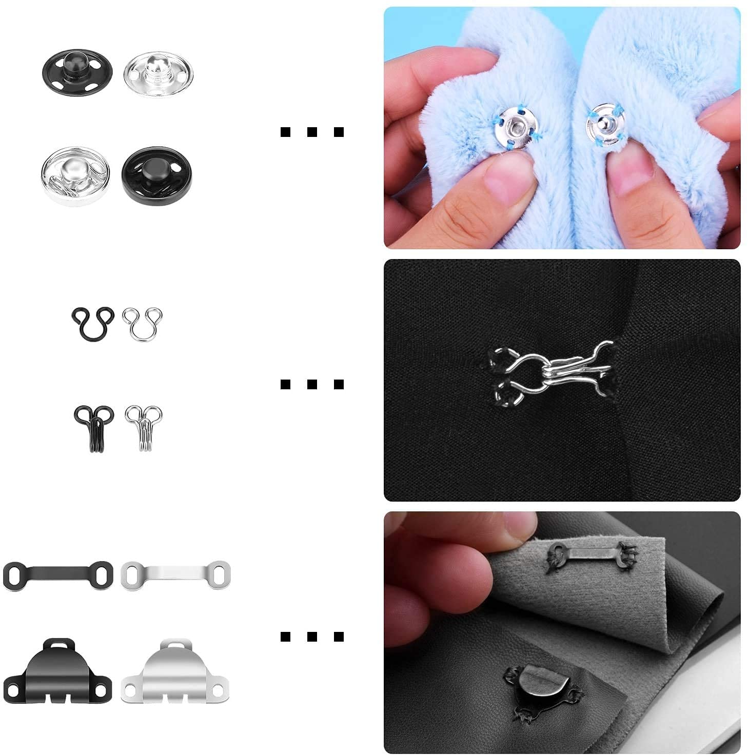 Beautychen 50 Pair Snaps for Sewing 3 Styles Hook and Eye Latch for Clothing Sewing Fixing Tools with Metal Sewing Buttons Fasteners Press Studs for Skirt Dress Bra Sewing DIY Crafting, 2 Colors (50)