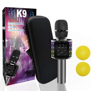 weird tails bluetooth karaoke wireless microphone with dual sing, led lights, portable handheld mic speaker machine for iphone/android/pc/outdoor/birthday/party (gray)