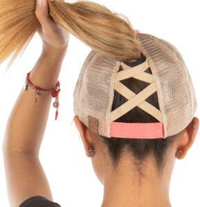 funky junque ponytail messy bun trucker ponycap (mesh - coral w/criss cross back)