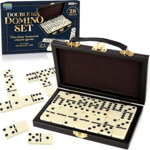 gamie double six dominoes game in faux leather case, 28 dominos tiles for kids, fun educational toy classroom kit, classic set of dominoes for travel in gift box