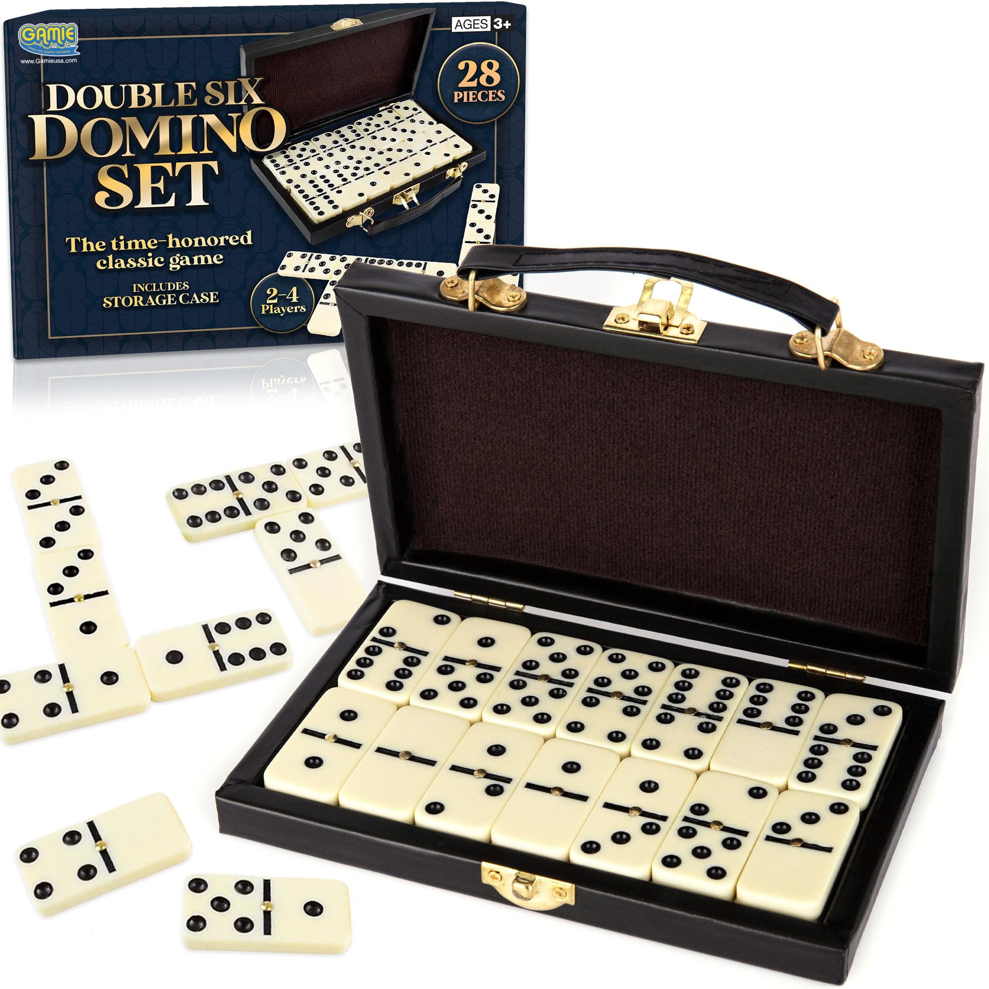 Gamie Double Six Dominoes Game in Faux Leather Case, 28 Dominos Tiles for Kids, Fun Educational Toy Classroom Kit, Classic Set of Dominoes for Travel in Gift Box