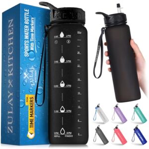 hydration nation (32oz water bottle with time marker - leak proof water bottles with times to drink for fitness & sports - 32oz water bottle with straw for drinking - water tracker bottles (black)