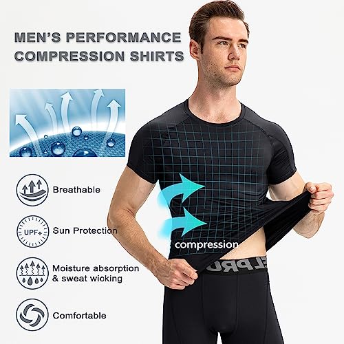 CARGFM Men Short Sleeve Compression Shirts Athletic Workout T-Shirt UPF 50+ Quick Dry Sports Base Layer Undershirts Black