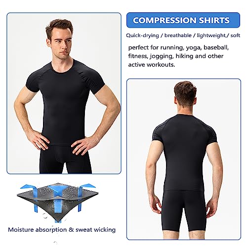 CARGFM Men Short Sleeve Compression Shirts Athletic Workout T-Shirt UPF 50+ Quick Dry Sports Base Layer Undershirts Black