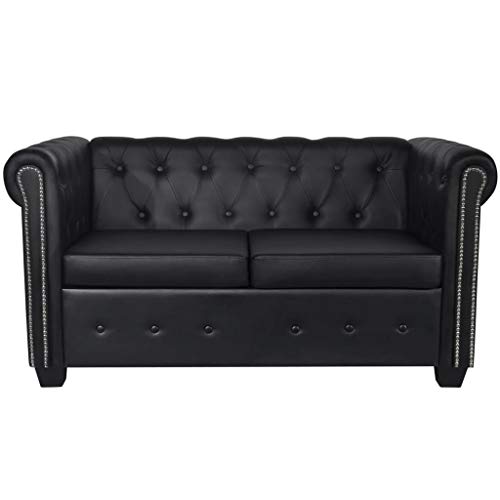 Festnight Faux Leather Chesterfield 2 Seater Sofa Luxurious Upholstery Black Loveseat Sofa with Scroll Armrest Home Waiting Room Office Furniture