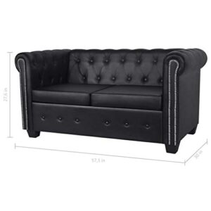 Festnight Faux Leather Chesterfield 2 Seater Sofa Luxurious Upholstery Black Loveseat Sofa with Scroll Armrest Home Waiting Room Office Furniture