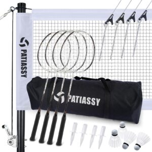 patiassy professional badminton set with carbon aluminum badminton rackets set of 4, outdoor portable badminton net with winch system, 2 goose feather badminton shuttlecocks, boundary and carrying bag