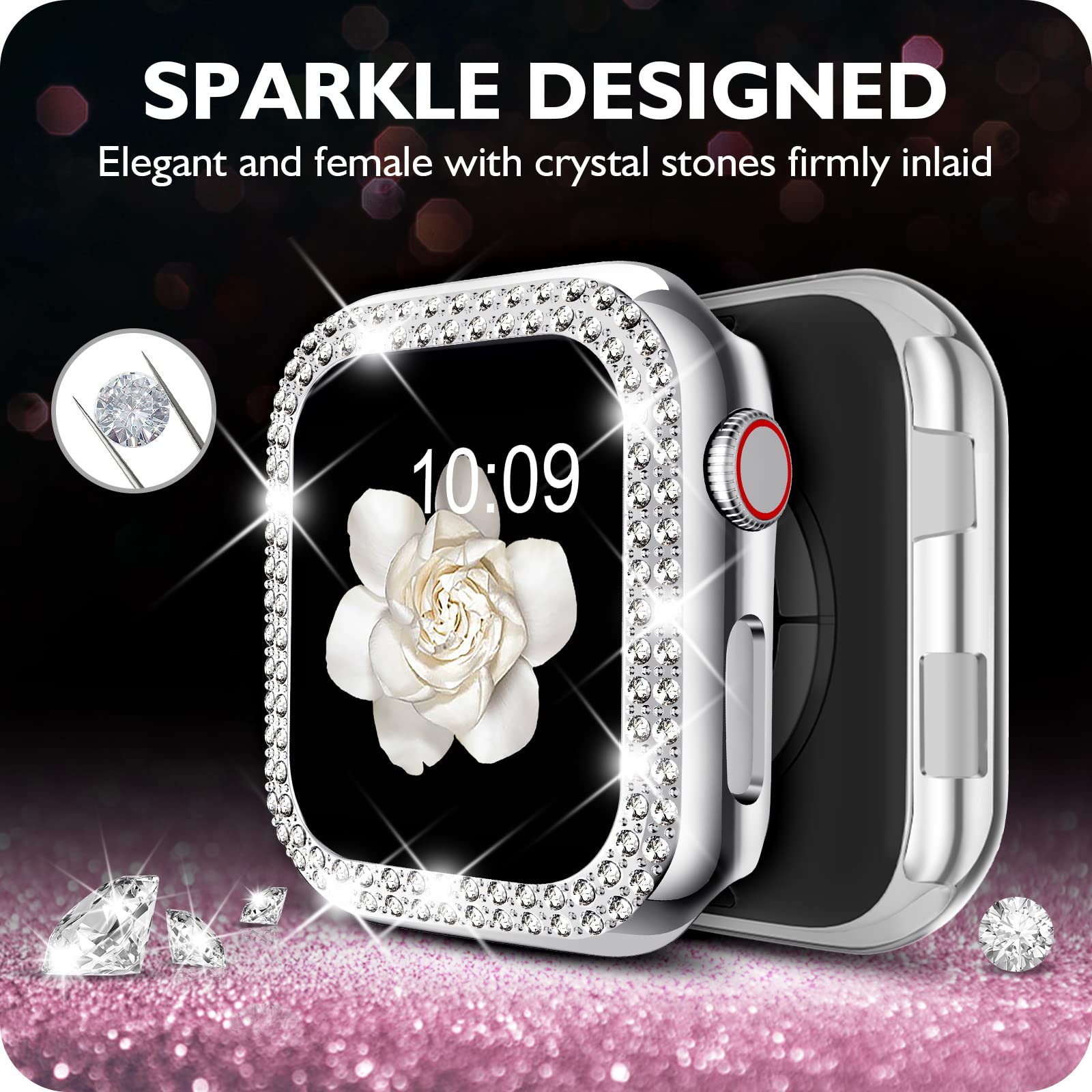 DABAOZA Compatible for Apple Watch 38mm Case Bumper Cover Series 3 2 1 38mm, Bling Women Girls Dressy Diamonds Crystal Bumper Hard PC Shockproof Case for iWatch (Silver, 38mm)