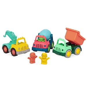battat- wonder wheels- set of 3 mini toy trucks for kids, toddlers – dump truck, cement truck, tow truck – recyclable materials- mini toy characters- construction- 1 year +