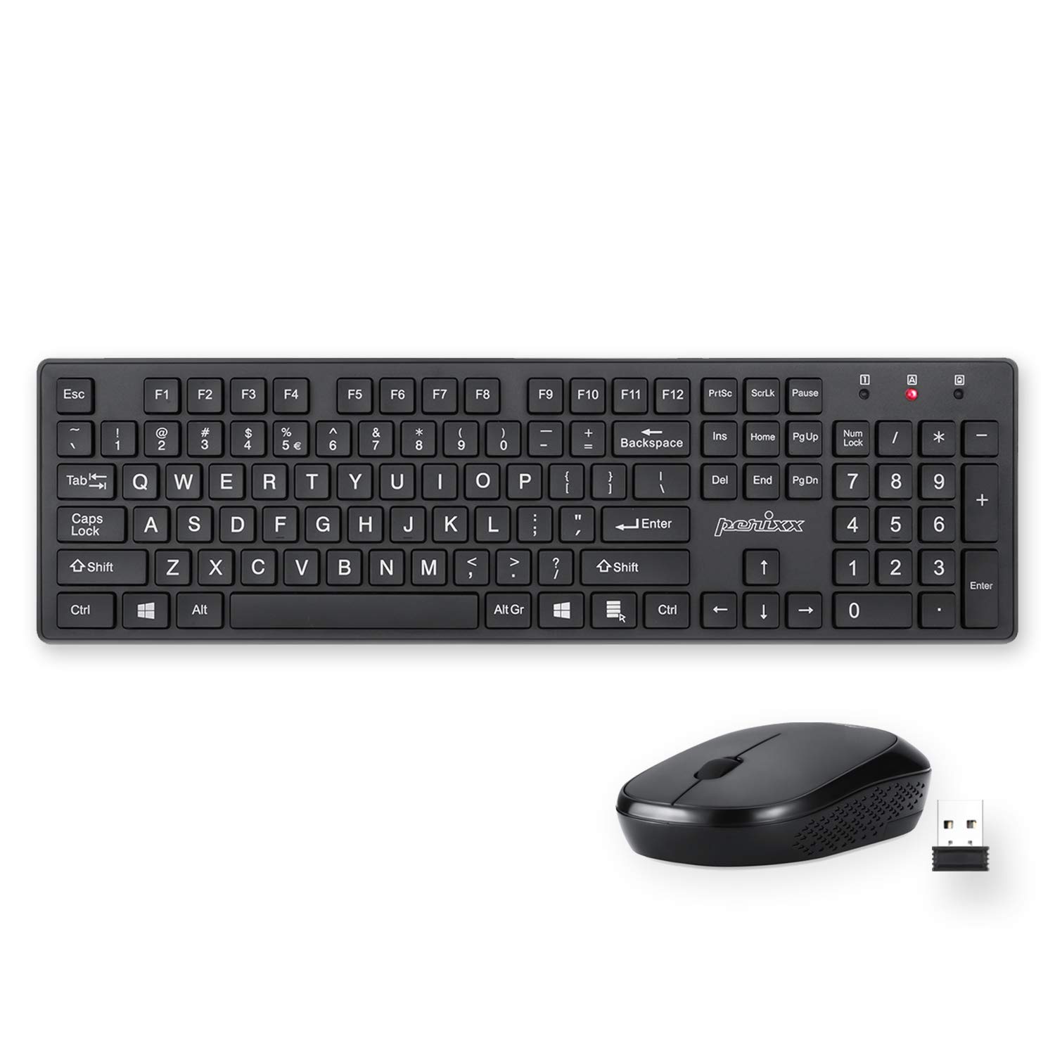 Perixx PERIDUO-717 Wireless Standard Keyboard and Mouse Combo-Set with Big Print Letter, Black, US English Layout