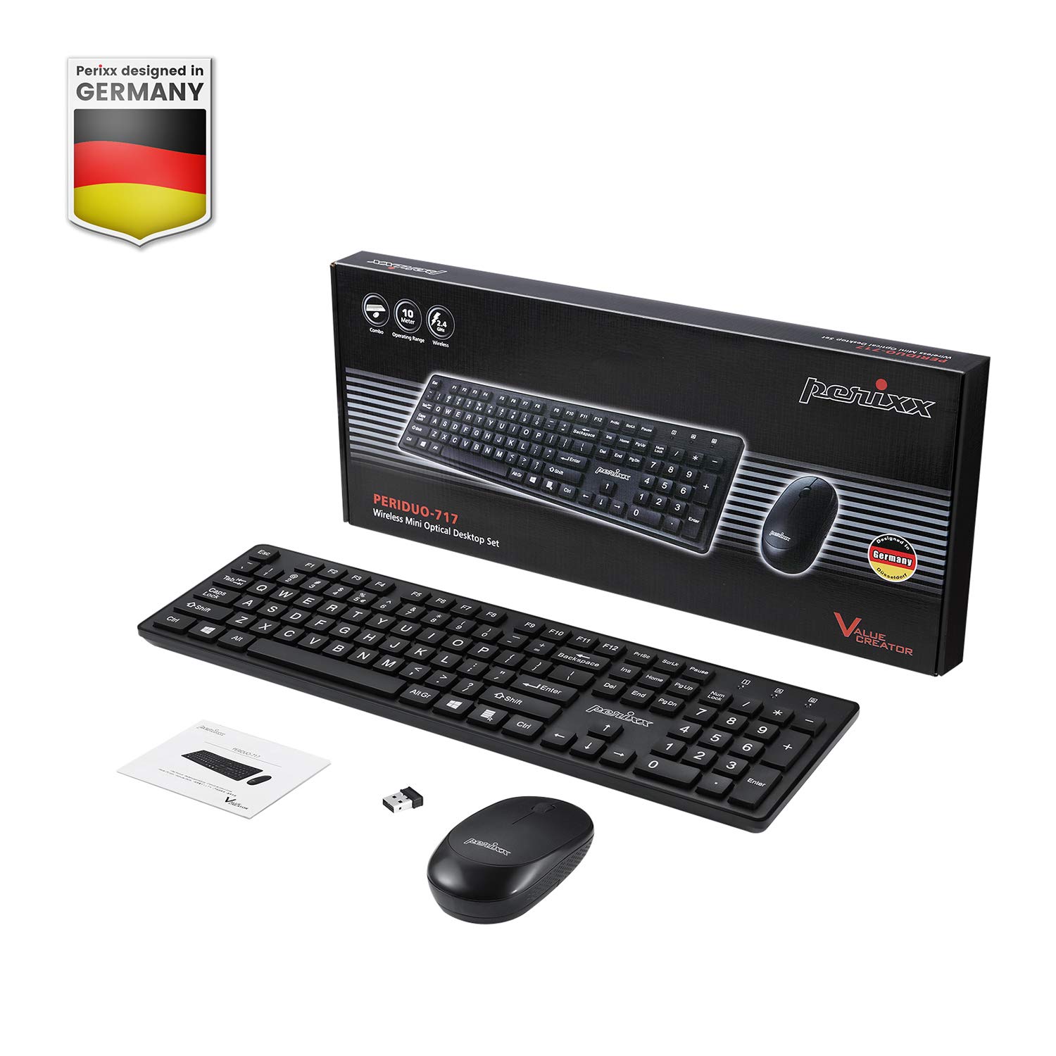 Perixx PERIDUO-717 Wireless Standard Keyboard and Mouse Combo-Set with Big Print Letter, Black, US English Layout