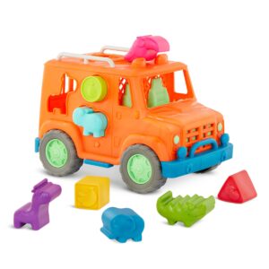 battat- wonder wheels - shape sorter toy truck – 9pc developmental toy for kids, toddlers – animal & fruit shapes- recyclable materials- safari shape sorter truck- 1 year +