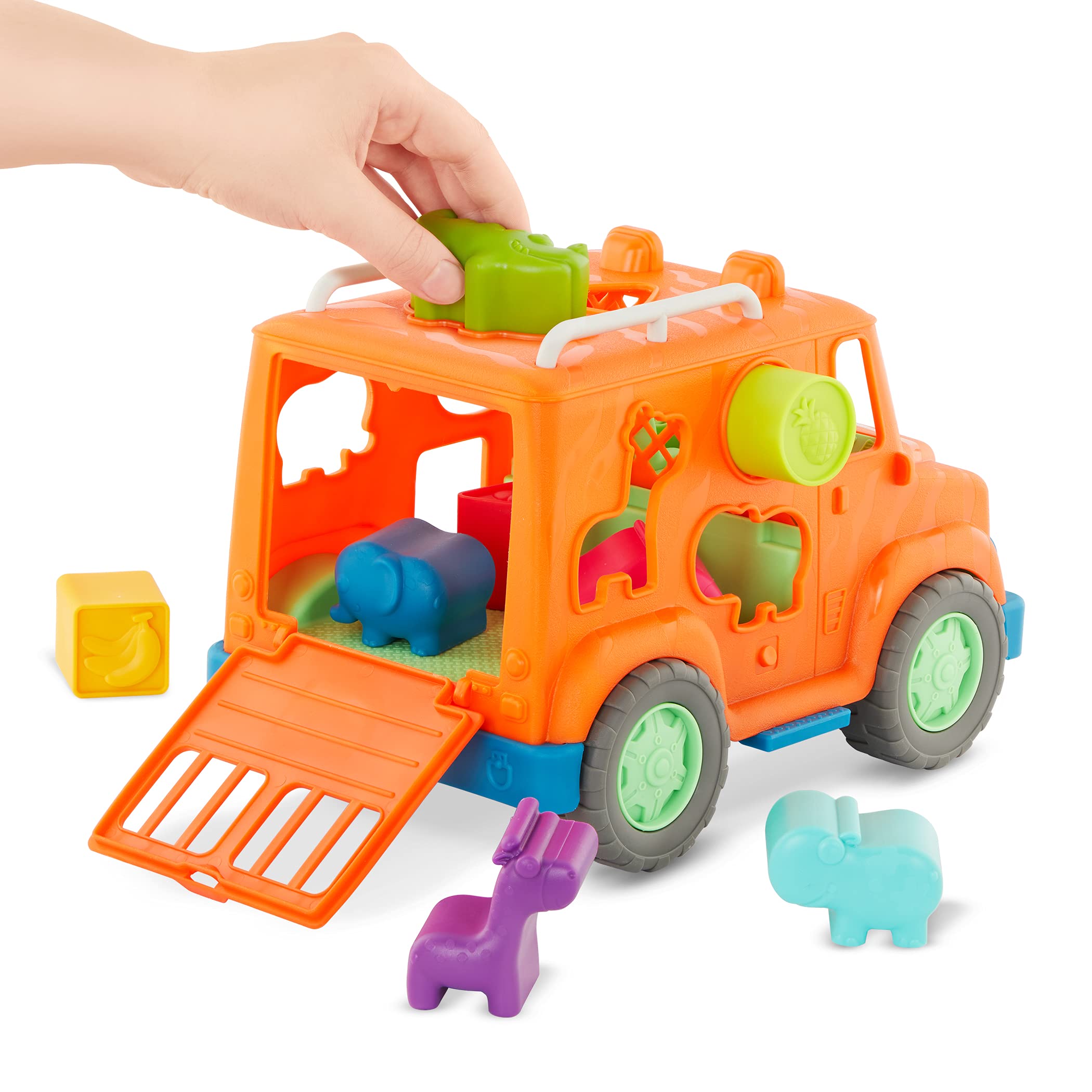 Battat- Wonder Wheels - Shape Sorter Toy Truck – 9Pc Developmental Toy For Kids, Toddlers – Animal & Fruit Shapes- Recyclable Materials- Safari Shape Sorter Truck- 1 Year +