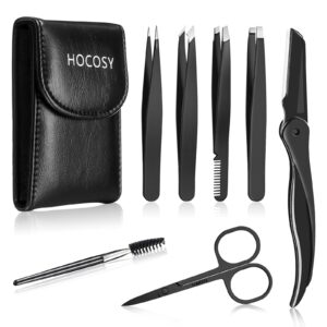 eyebrow tweezers set, hocosy 7 in 1 eyebrow kit includes eyebrow scissors, brush, eyebrow razor, stainless steel, best precision eyebrow shaper trimmer for ingrown hair with leather travel case