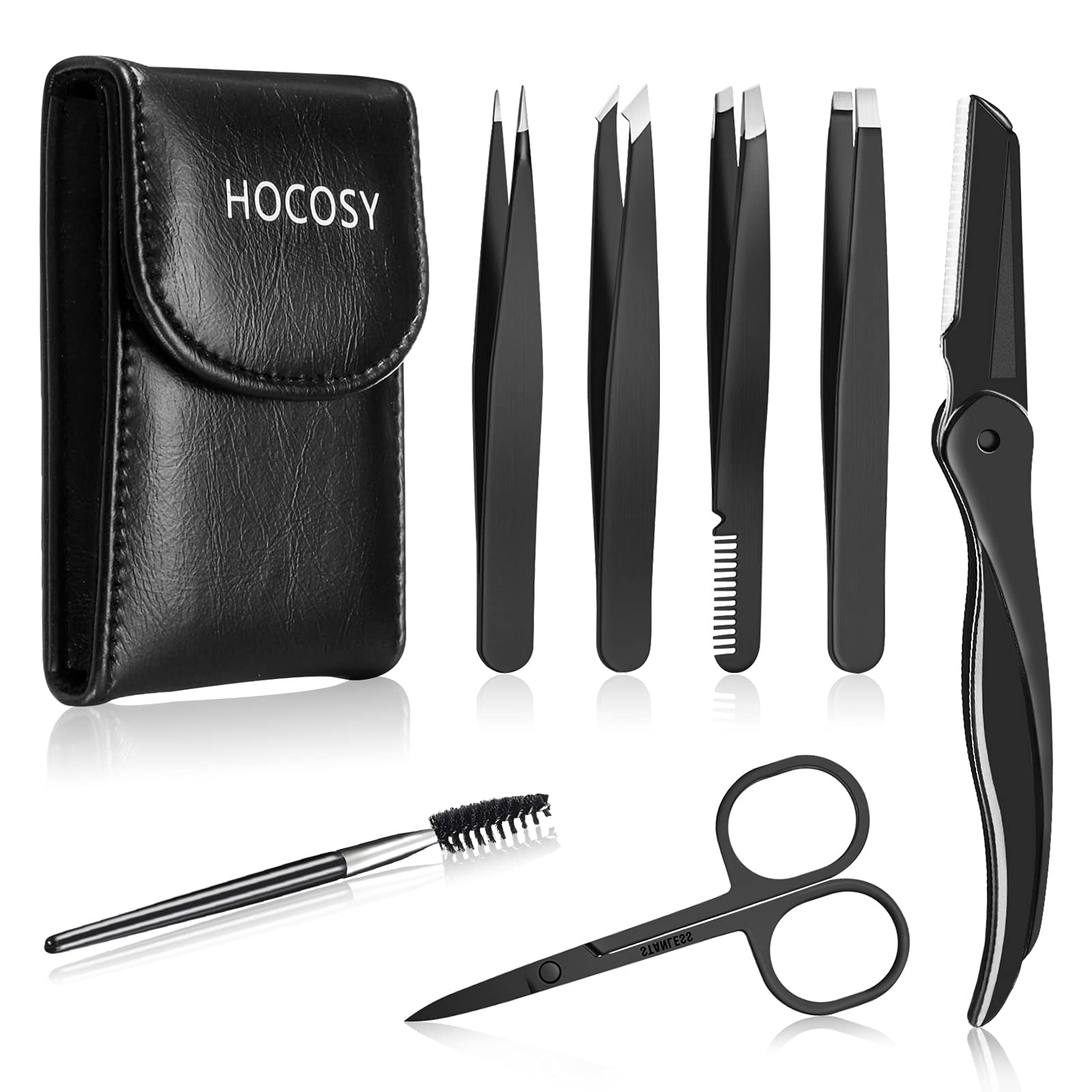 Eyebrow Tweezers Set, HOCOSY 7 in 1 Eyebrow Kit includes Eyebrow Scissors, Brush, Eyebrow Razor, Stainless Steel, Best Precision Eyebrow Shaper Trimmer for Ingrown Hair with Leather Travel Case