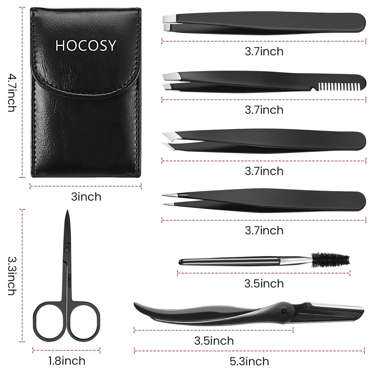 Eyebrow Tweezers Set, HOCOSY 7 in 1 Eyebrow Kit includes Eyebrow Scissors, Brush, Eyebrow Razor, Stainless Steel, Best Precision Eyebrow Shaper Trimmer for Ingrown Hair with Leather Travel Case