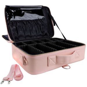 oewoer pu leather professional makeup bag 16 inches travel makeup case large cosmetic train case sets cosmetic organizer box with adjustable strap and make up brush for hair curler millennial (l-pink)