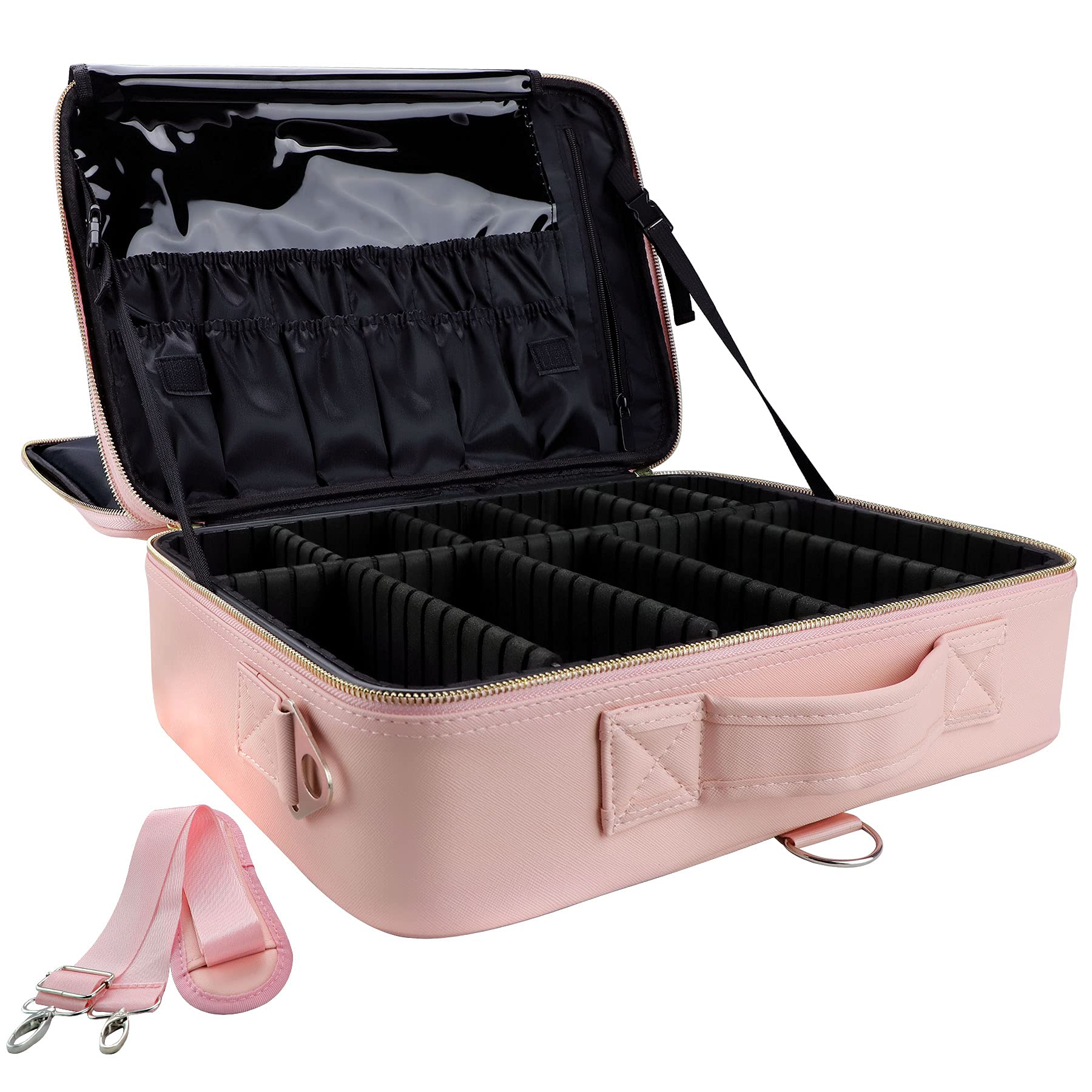 OEWOER PU Leather Professional Makeup Bag 16 Inches Travel Makeup Case Large Cosmetic Train Case Sets Cosmetic Organizer Box with Adjustable Strap and Make up Brush for Hair Curler Millennial (L-Pink)