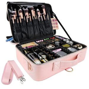 OEWOER PU Leather Professional Makeup Bag 16 Inches Travel Makeup Case Large Cosmetic Train Case Sets Cosmetic Organizer Box with Adjustable Strap and Make up Brush for Hair Curler Millennial (L-Pink)