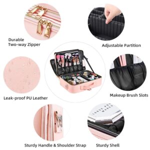 OEWOER PU Leather Professional Makeup Bag 16 Inches Travel Makeup Case Large Cosmetic Train Case Sets Cosmetic Organizer Box with Adjustable Strap and Make up Brush for Hair Curler Millennial (L-Pink)