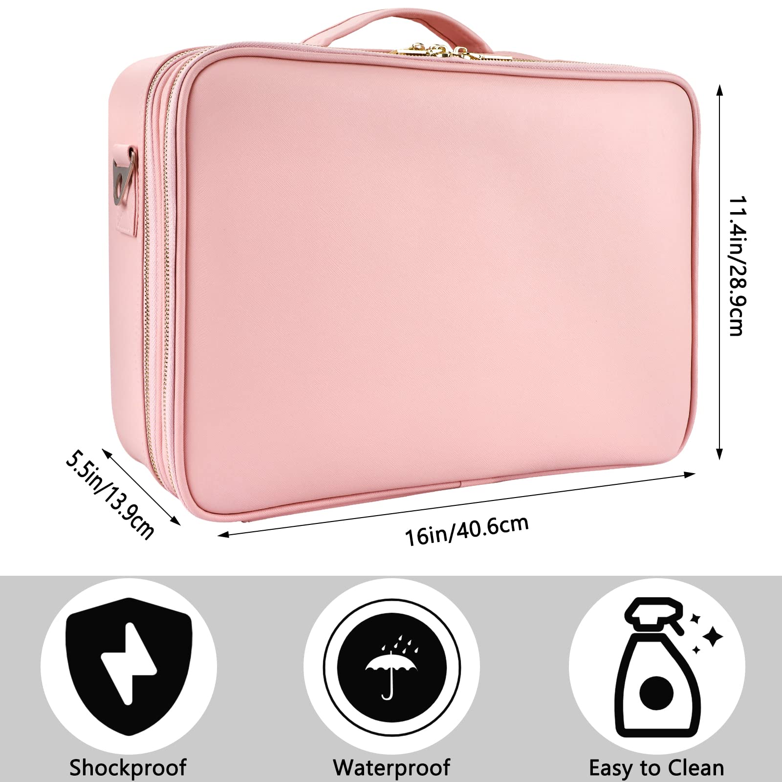 OEWOER PU Leather Professional Makeup Bag 16 Inches Travel Makeup Case Large Cosmetic Train Case Sets Cosmetic Organizer Box with Adjustable Strap and Make up Brush for Hair Curler Millennial (L-Pink)