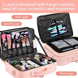 OEWOER PU Leather Professional Makeup Bag 16 Inches Travel Makeup Case Large Cosmetic Train Case Sets Cosmetic Organizer Box with Adjustable Strap and Make up Brush for Hair Curler Millennial (L-Pink)