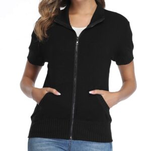 andy & natalie Women's Stand Collar Zip up Short Sleeve Hoodies Jacket Sweatshirts with Pockets Black