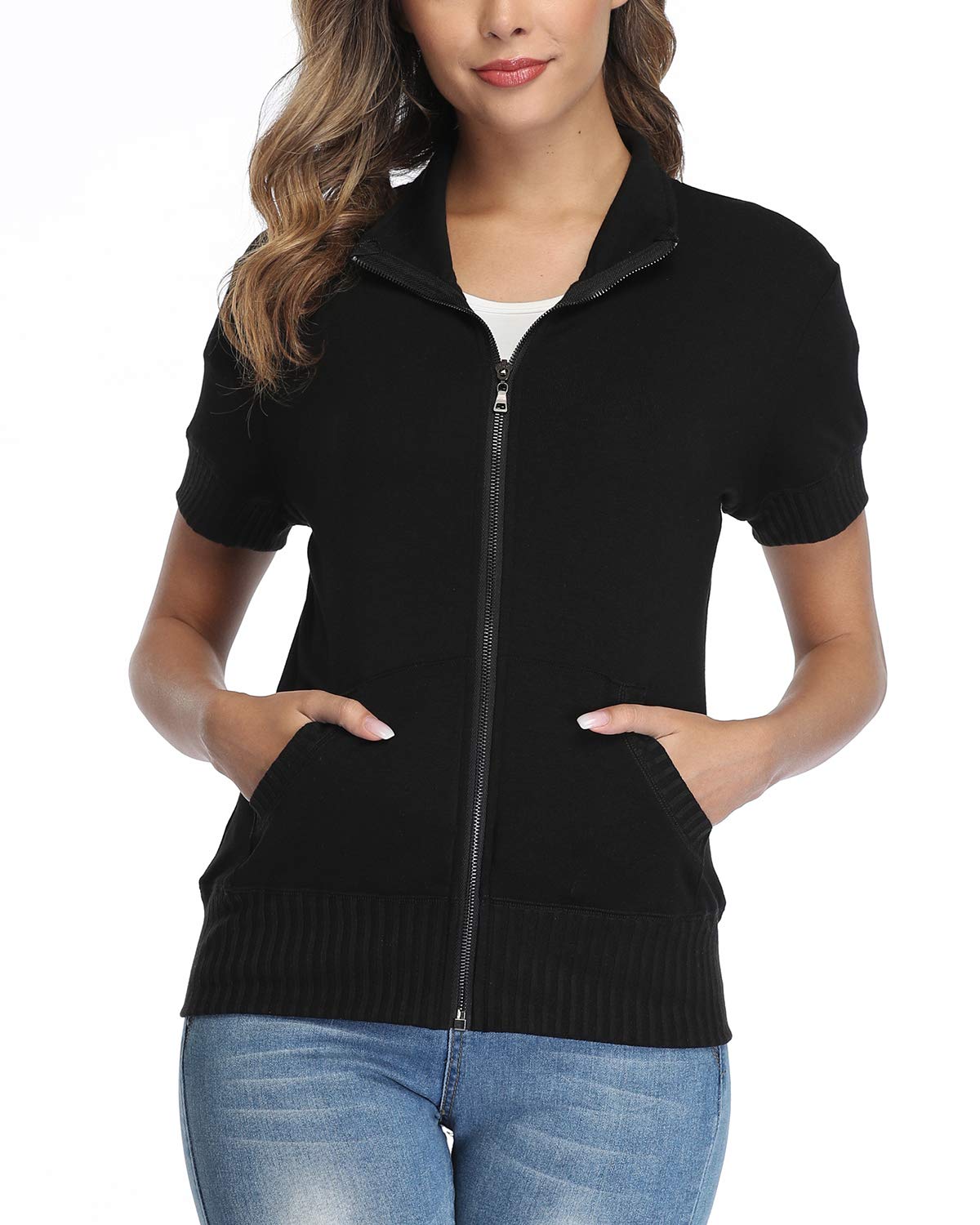 andy & natalie Women's Stand Collar Zip up Short Sleeve Hoodies Jacket Sweatshirts with Pockets Black