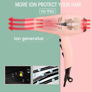 Hair Dryer Blow Dryer with Diffuser Brush Comb Attachments Powerful AC Motor for 3c Thick Hair Curly Women Professional Salon Best Hair Dryer(Pink)