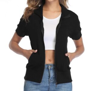 andy & natalie Women's Stand Collar Zip up Short Sleeve Hoodies Jacket Sweatshirts with Pockets Black