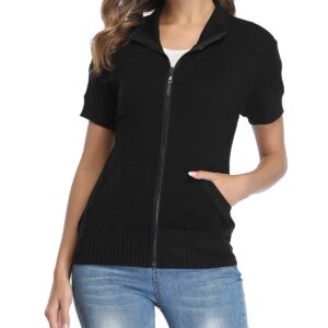 andy & natalie Women's Stand Collar Zip up Short Sleeve Hoodies Jacket Sweatshirts with Pockets Black