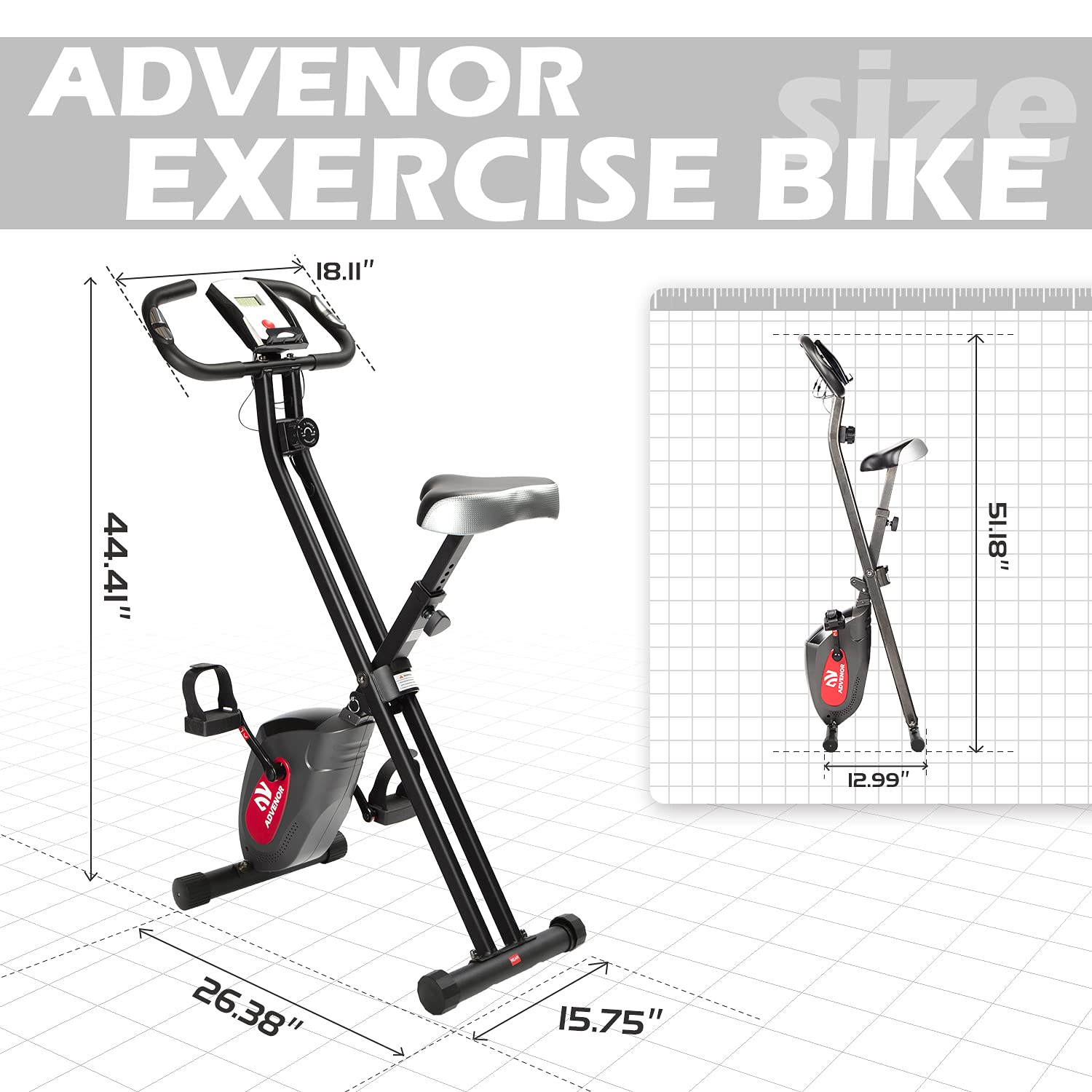 ADVENOR Exercise Bike Magnetic Bike Folding Fitness Bike Cycle Workout Home Gym With LCD Monitor Durable Upright Extra-Large Seat Cushion (standard, black)