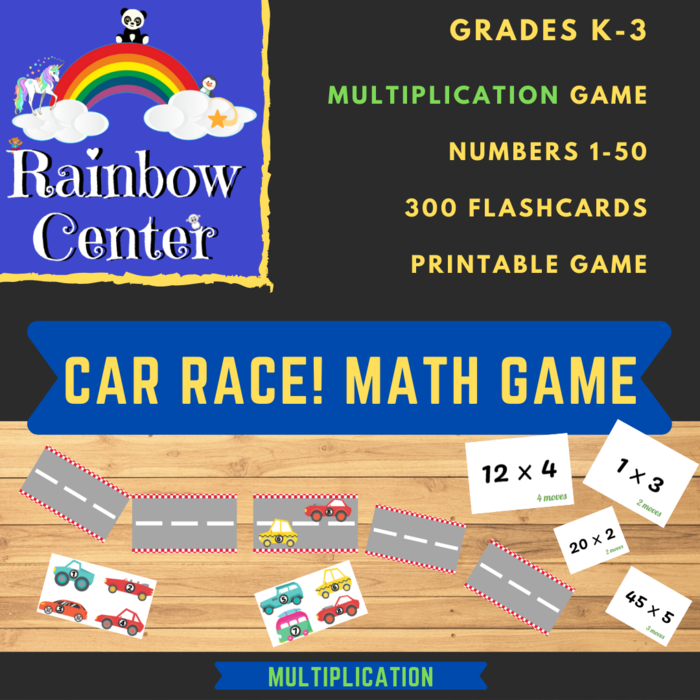 Car Race Math Game - Multiplication - Grades K-3 Using Number Combinations 1-50 - Printable Game Activity